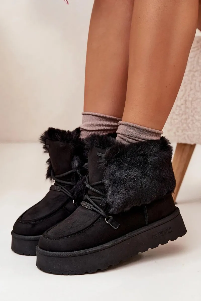 Best Śniegowce Damskie Na Platformie Z Futerkiem I Wiązaniem Big Star SS274113 Czarne Damskie Śniegowce Damskie