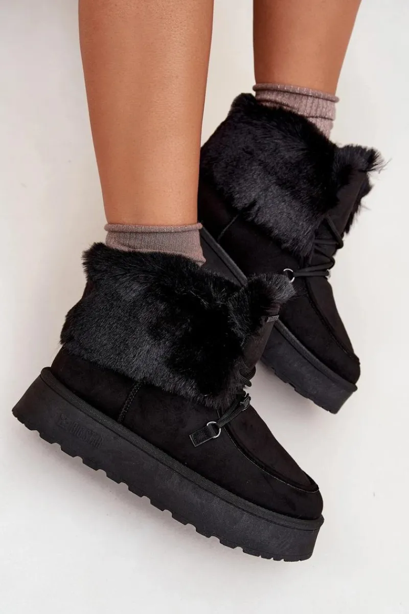 Best Śniegowce Damskie Na Platformie Z Futerkiem I Wiązaniem Big Star SS274113 Czarne Damskie Śniegowce Damskie