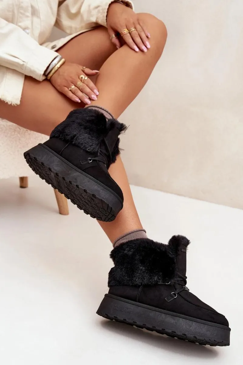 Best Śniegowce Damskie Na Platformie Z Futerkiem I Wiązaniem Big Star SS274113 Czarne Damskie Śniegowce Damskie