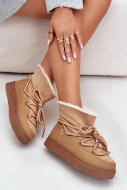 Śniegowce Damskie>Boto Śniegowce Damskie Na Platformie Ocieplane Futerkiem Camel Aziara Brązowy