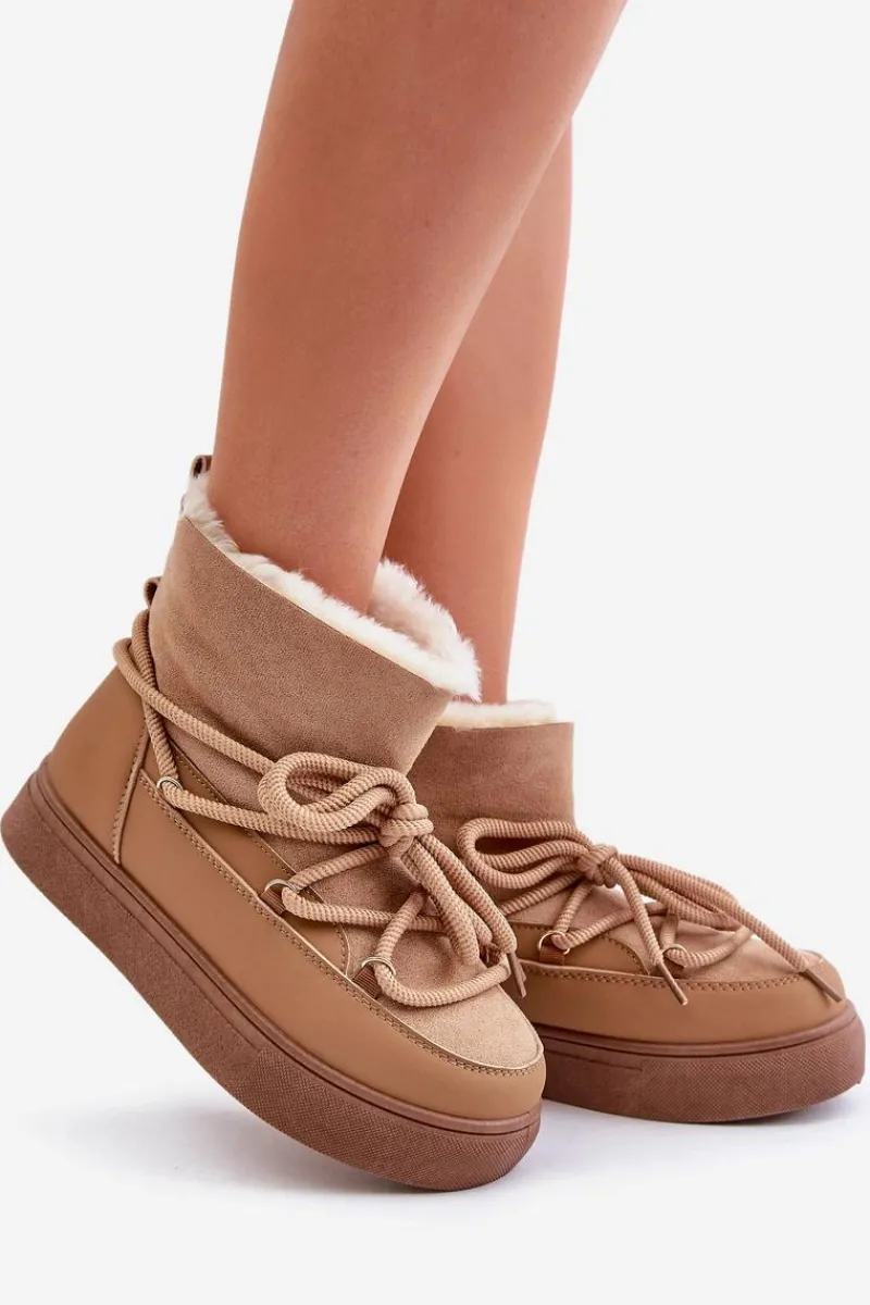 Śniegowce Damskie>Boto Śniegowce Damskie Na Platformie Ocieplane Futerkiem Camel Aziara Brązowy