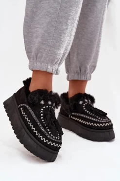 Śniegowce Damskie>Boto Śniegowce Damskie Na Platformie Z Futerkiem I Frędzlami Czarne Ferayne Czarny