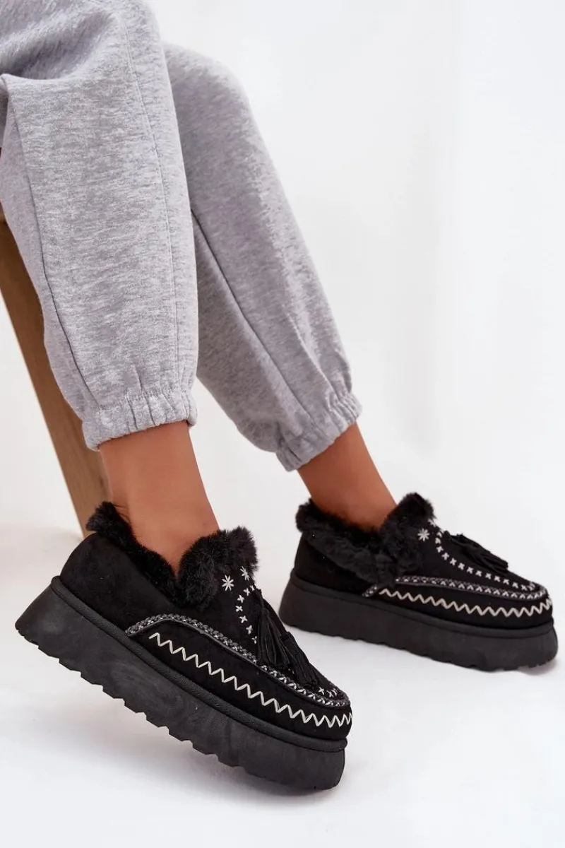 Śniegowce Damskie>Boto Śniegowce Damskie Na Platformie Z Futerkiem I Frędzlami Czarne Ferayne Czarny