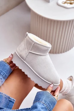 Clearance Boto Śniegowce Damskie Na Platformie Ocieplane Futerkiem Jasnoszare Xamella Szary