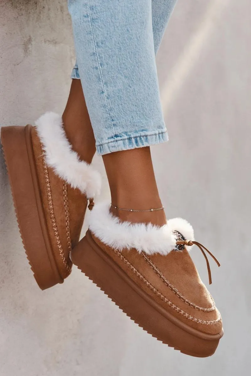 Discount Śniegowce Damskie Na Platformie Z Futerkiem I Przeszyciami Camel Kellina Damskie Śniegowce Damskie|Kapcie Klasyczne