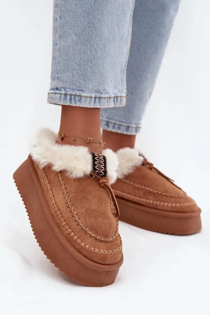 Discount Śniegowce Damskie Na Platformie Z Futerkiem I Przeszyciami Camel Kellina Damskie Śniegowce Damskie|Kapcie Klasyczne
