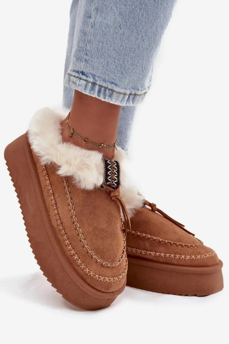 Discount Śniegowce Damskie Na Platformie Z Futerkiem I Przeszyciami Camel Kellina Damskie Śniegowce Damskie|Kapcie Klasyczne