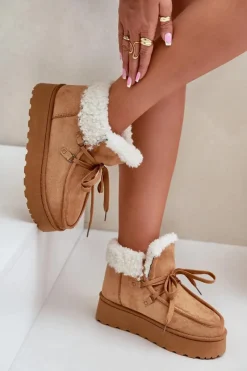 Clearance Boto Śniegowce Damskie Na Platformie Z Futerkiem Typu Branek Camel Ciabellae Brązowy