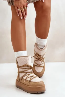 Śniegowce Damskie>Boto Śniegowce Damskie Na Platformie Z Wiązaniem Jasnobrązowe Riaviana