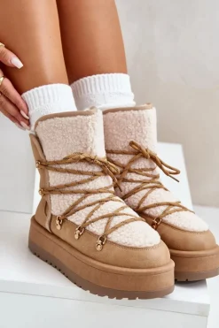 Śniegowce Damskie></noscript>Boto Śniegowce Damskie Na Platformie Z Wiązaniem Jasnobrązowe Riaviana