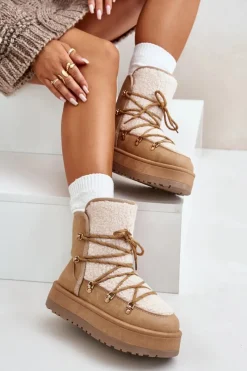 Śniegowce Damskie></noscript>Boto Śniegowce Damskie Na Platformie Z Wiązaniem Jasnobrązowe Riaviana