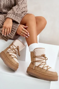 Śniegowce Damskie></noscript>Boto Śniegowce Damskie Na Platformie Z Wiązaniem Jasnobrązowe Riaviana