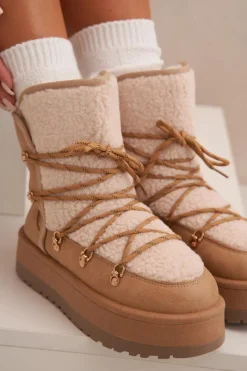 Śniegowce Damskie></noscript>Boto Śniegowce Damskie Na Platformie Z Wiązaniem Jasnobrązowe Riaviana