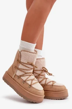 Śniegowce Damskie></noscript>Boto Śniegowce Damskie Na Platformie Z Wiązaniem Jasnobrązowe Riaviana