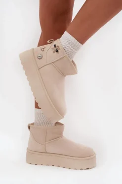 Śniegowce Damskie>Boto Śniegowce Damskie Na Platformie Z Przypinkami Jasnobeżowe Maelle Beżowy