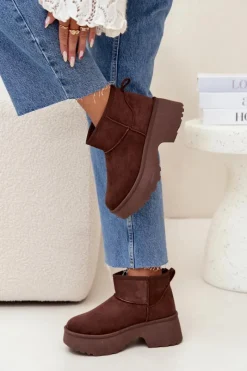 Discount Boto Śniegowce Damskie Niskie Wsuwane Ocieplane Futerkiem Brązowe Mavelle Brązowy