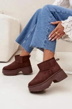 Discount Boto Śniegowce Damskie Niskie Wsuwane Ocieplane Futerkiem Brązowe Mavelle Brązowy