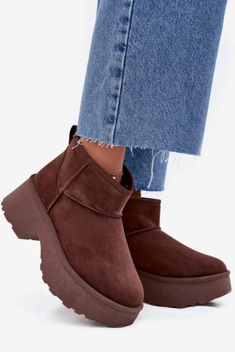 Discount Boto Śniegowce Damskie Niskie Wsuwane Ocieplane Futerkiem Brązowe Mavelle Brązowy