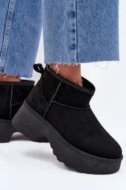 Śniegowce Damskie>Boto Śniegowce Damskie Niskie Wsuwane Ocieplane Futerkiem Czarne Mavelle Czarny