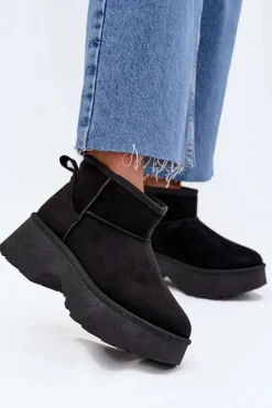 Śniegowce Damskie>Boto Śniegowce Damskie Niskie Wsuwane Ocieplane Futerkiem Czarne Mavelle Czarny