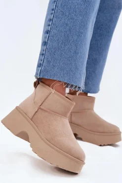 Śniegowce Damskie>Boto Śniegowce Damskie Niskie Wsuwane Ocieplane Futerkiem Khaki Mavelle Beżowy
