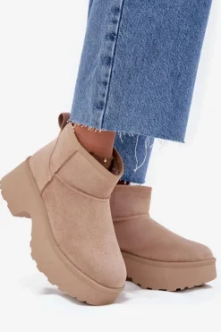 Śniegowce Damskie></noscript>Boto Śniegowce Damskie Niskie Wsuwane Ocieplane Futerkiem Khaki Mavelle Beżowy