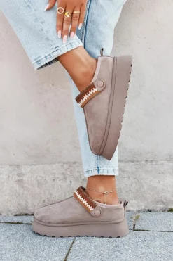 Clearance Boto Śniegowce Damskie Niskie Z Ruchomym Paskiem I Haftem Na Platformie Ciemnobeżowe Lyrisse Beżowy