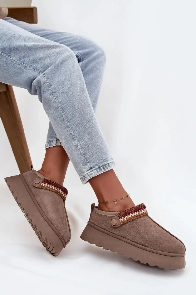 Clearance Boto Śniegowce Damskie Niskie Z Ruchomym Paskiem I Haftem Na Platformie Ciemnobeżowe Lyrisse Beżowy