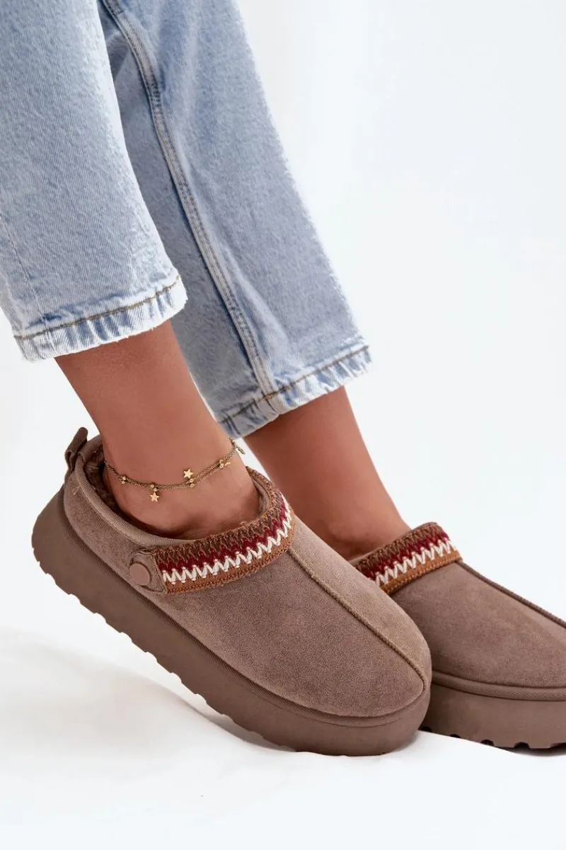 Clearance Boto Śniegowce Damskie Niskie Z Ruchomym Paskiem I Haftem Na Platformie Ciemnobeżowe Lyrisse Beżowy