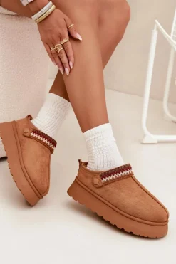 Śniegowce Damskie|Kapcie Klasyczne>Boto Śniegowce Damskie Niskie Z Ruchomym Paskiem I Haftem Na Platformie Camel Lyrisse Brązowy