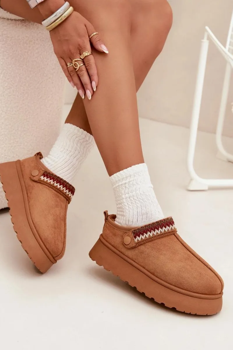 Śniegowce Damskie|Kapcie Klasyczne>Boto Śniegowce Damskie Niskie Z Ruchomym Paskiem I Haftem Na Platformie Camel Lyrisse Brązowy