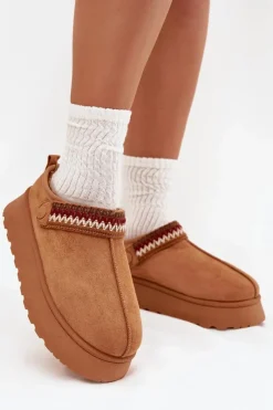 Śniegowce Damskie|Kapcie Klasyczne>Boto Śniegowce Damskie Niskie Z Ruchomym Paskiem I Haftem Na Platformie Camel Lyrisse Brązowy