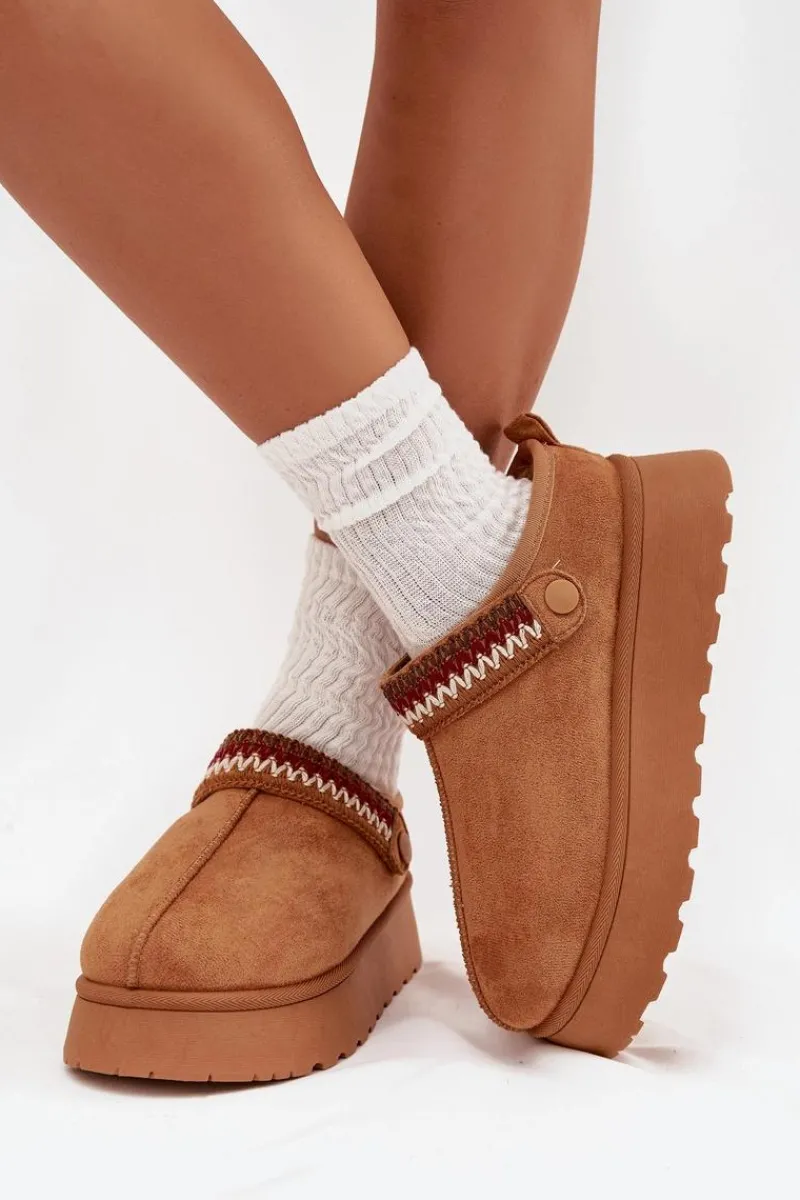 Śniegowce Damskie|Kapcie Klasyczne>Boto Śniegowce Damskie Niskie Z Ruchomym Paskiem I Haftem Na Platformie Camel Lyrisse Brązowy