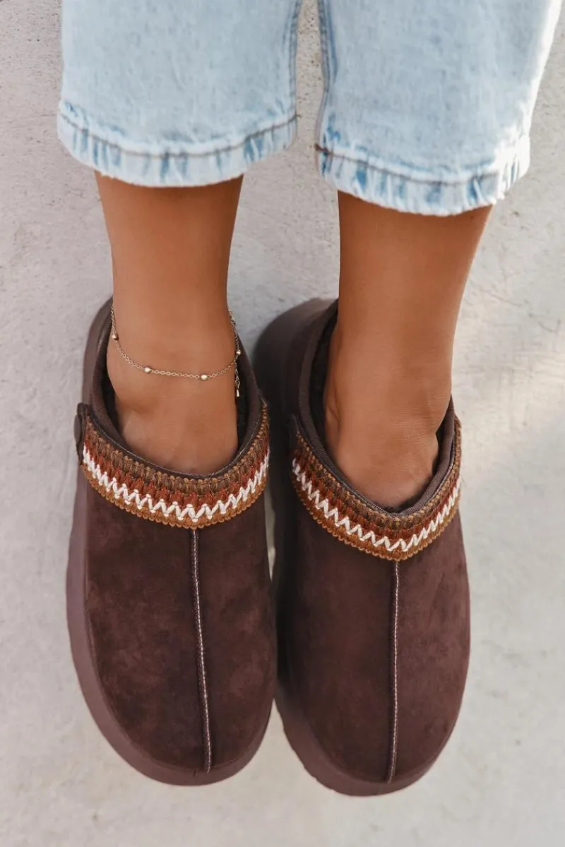 Śniegowce Damskie|Kapcie Klasyczne>Boto Śniegowce Damskie Niskie Z Ruchomym Paskiem I Haftem Na Platformie Czekoladowe Lyrisse