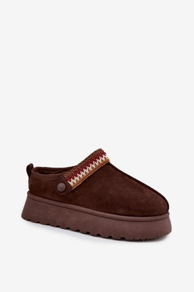 Śniegowce Damskie|Kapcie Klasyczne>Boto Śniegowce Damskie Niskie Z Ruchomym Paskiem I Haftem Na Platformie Czekoladowe Lyrisse