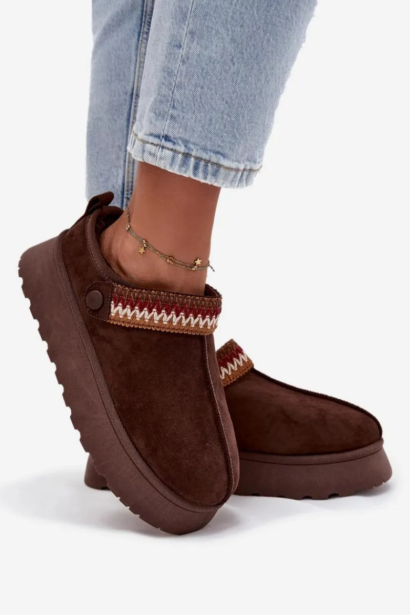 Śniegowce Damskie|Kapcie Klasyczne>Boto Śniegowce Damskie Niskie Z Ruchomym Paskiem I Haftem Na Platformie Czekoladowe Lyrisse