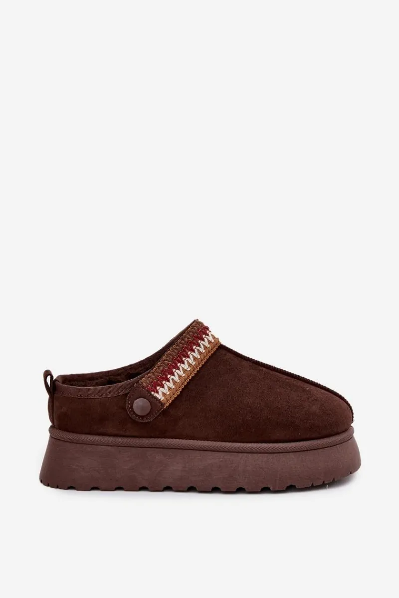 Śniegowce Damskie|Kapcie Klasyczne>Boto Śniegowce Damskie Niskie Z Ruchomym Paskiem I Haftem Na Platformie Czekoladowe Lyrisse