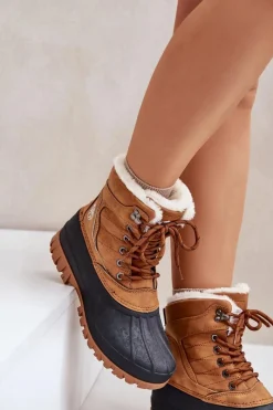 Sale Śniegowce Damskie Sznurowane Z Futerkiem LCJ-24-44-2869 Camel Damskie Śniegowce Damskie|Damskie Trapery
