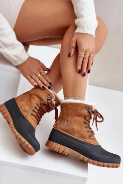 Sale Śniegowce Damskie Sznurowane Z Futerkiem LCJ-24-44-2869 Camel Damskie Śniegowce Damskie|Damskie Trapery