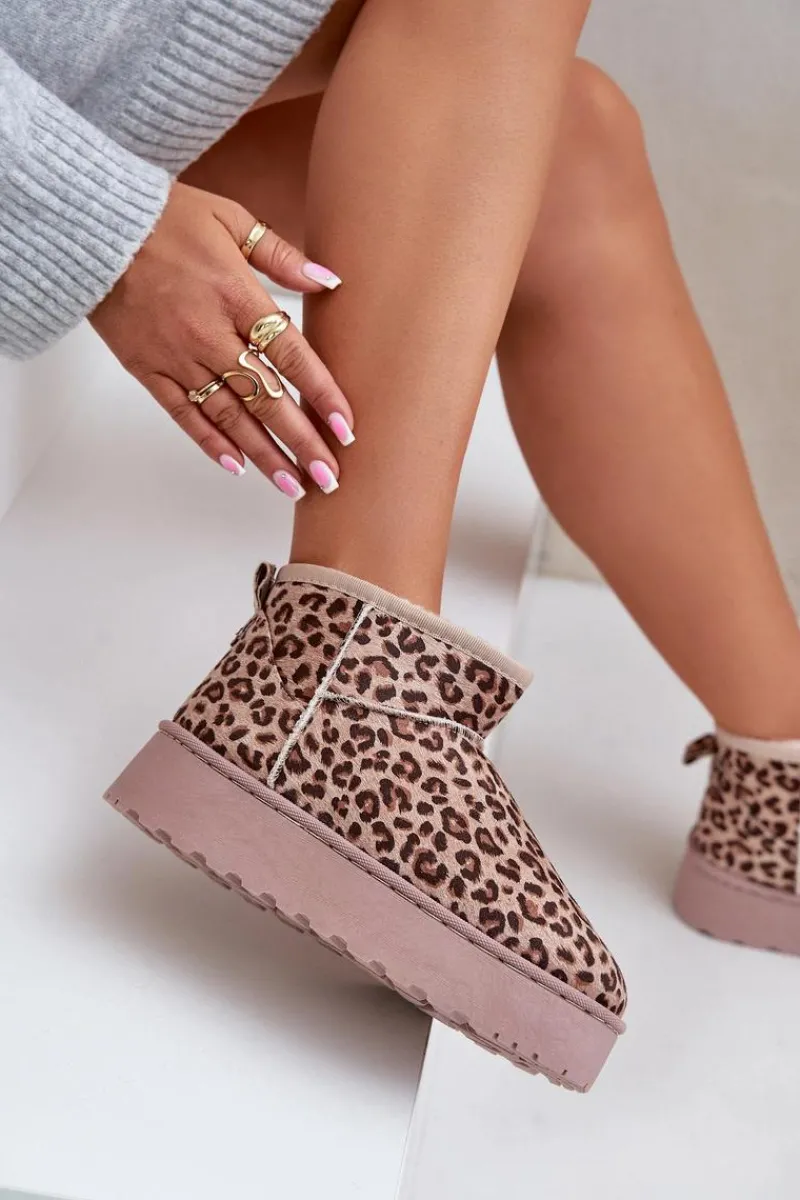 Śniegowce Damskie>Boto Śniegowce Damskie W Panterkę Na Platformie Ocieplane Futerkiem Brązowe Xamella Brązowy