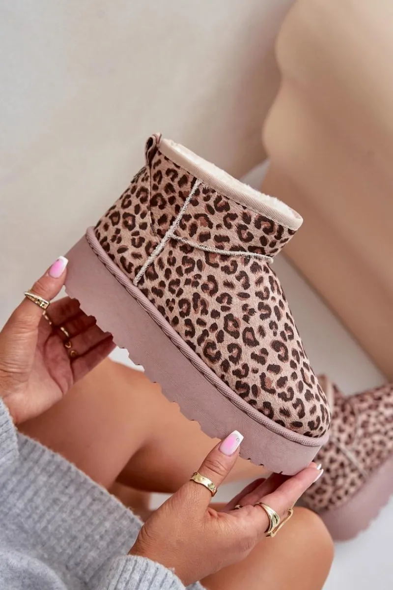 Śniegowce Damskie>Boto Śniegowce Damskie W Panterkę Na Platformie Ocieplane Futerkiem Brązowe Xamella Brązowy