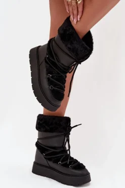 Śniegowce Damskie Z Futerkiem I Wiązaniem Na Platformie Czarne Marinna Damskie Śniegowce Damskie