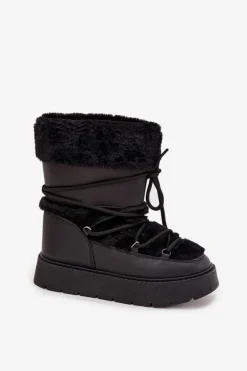 Śniegowce Damskie Z Futerkiem I Wiązaniem Na Platformie Czarne Marinna Damskie Śniegowce Damskie