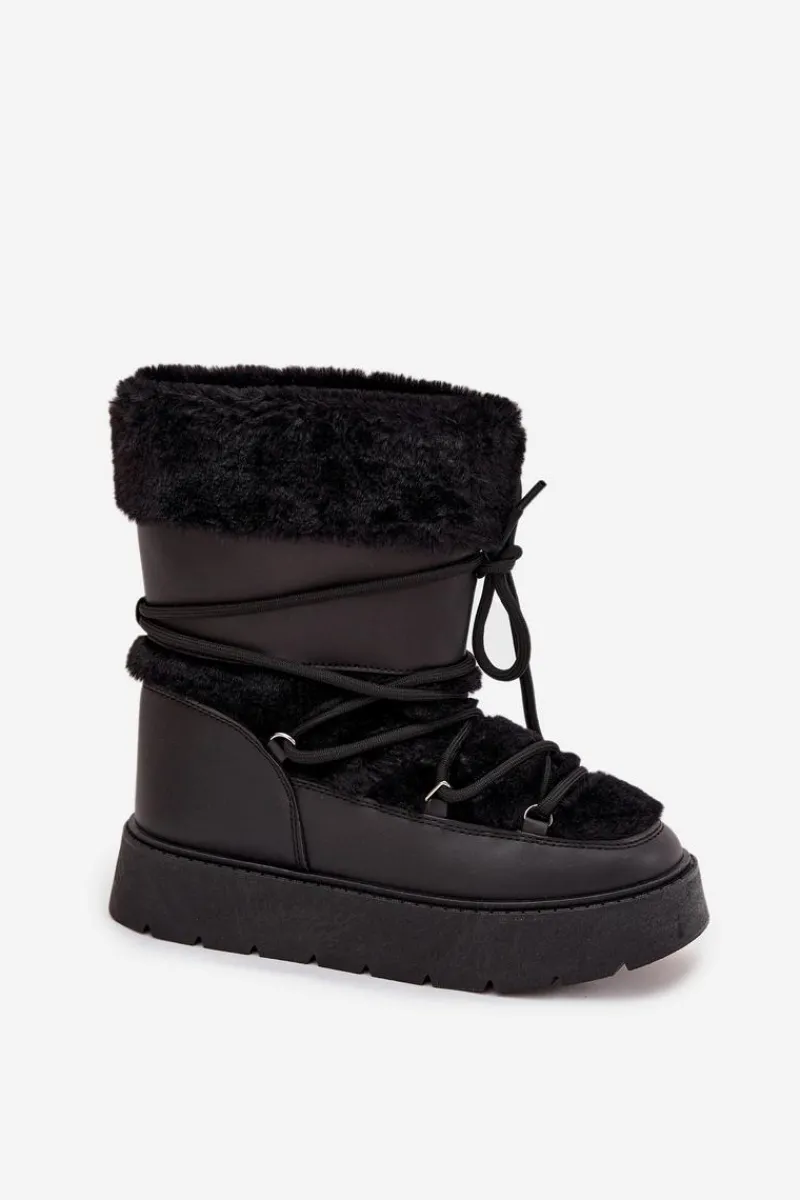Śniegowce Damskie Z Futerkiem I Wiązaniem Na Platformie Czarne Marinna Damskie Śniegowce Damskie