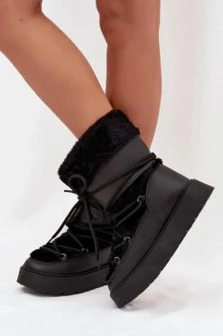 Śniegowce Damskie Z Futerkiem I Wiązaniem Na Platformie Czarne Marinna Damskie Śniegowce Damskie