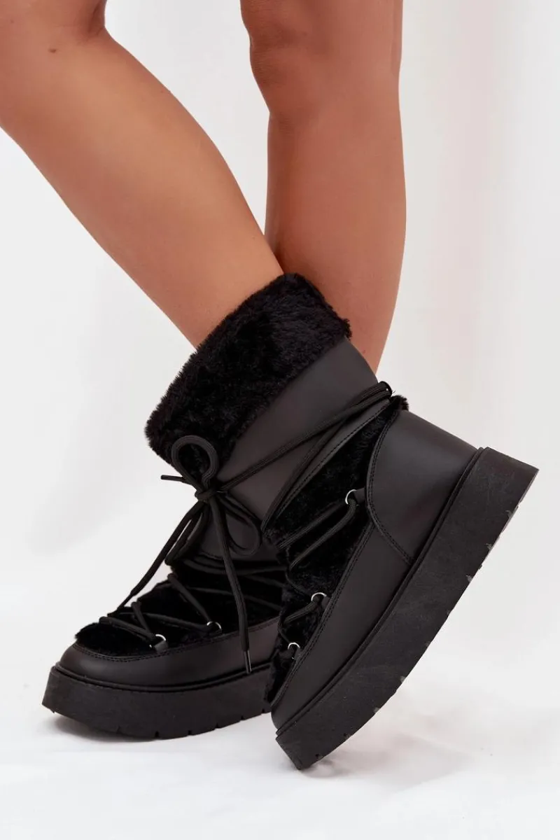 Śniegowce Damskie Z Futerkiem I Wiązaniem Na Platformie Czarne Marinna Damskie Śniegowce Damskie