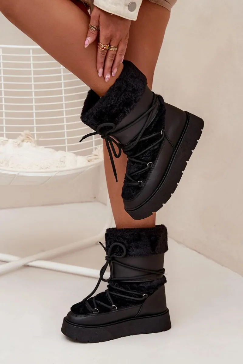 Śniegowce Damskie Z Futerkiem I Wiązaniem Na Platformie Czarne Marinna Damskie Śniegowce Damskie