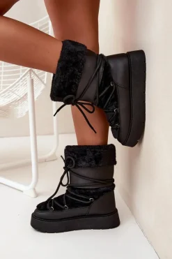 Śniegowce Damskie Z Futerkiem I Wiązaniem Na Platformie Czarne Marinna Damskie Śniegowce Damskie