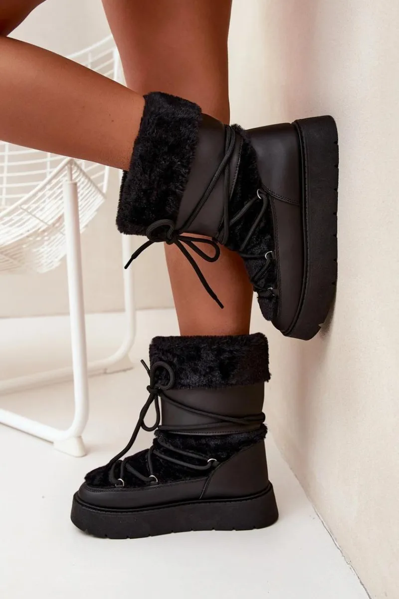 Śniegowce Damskie Z Futerkiem I Wiązaniem Na Platformie Czarne Marinna Damskie Śniegowce Damskie