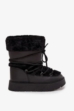 Śniegowce Damskie Z Futerkiem I Wiązaniem Na Platformie Czarne Marinna Damskie Śniegowce Damskie